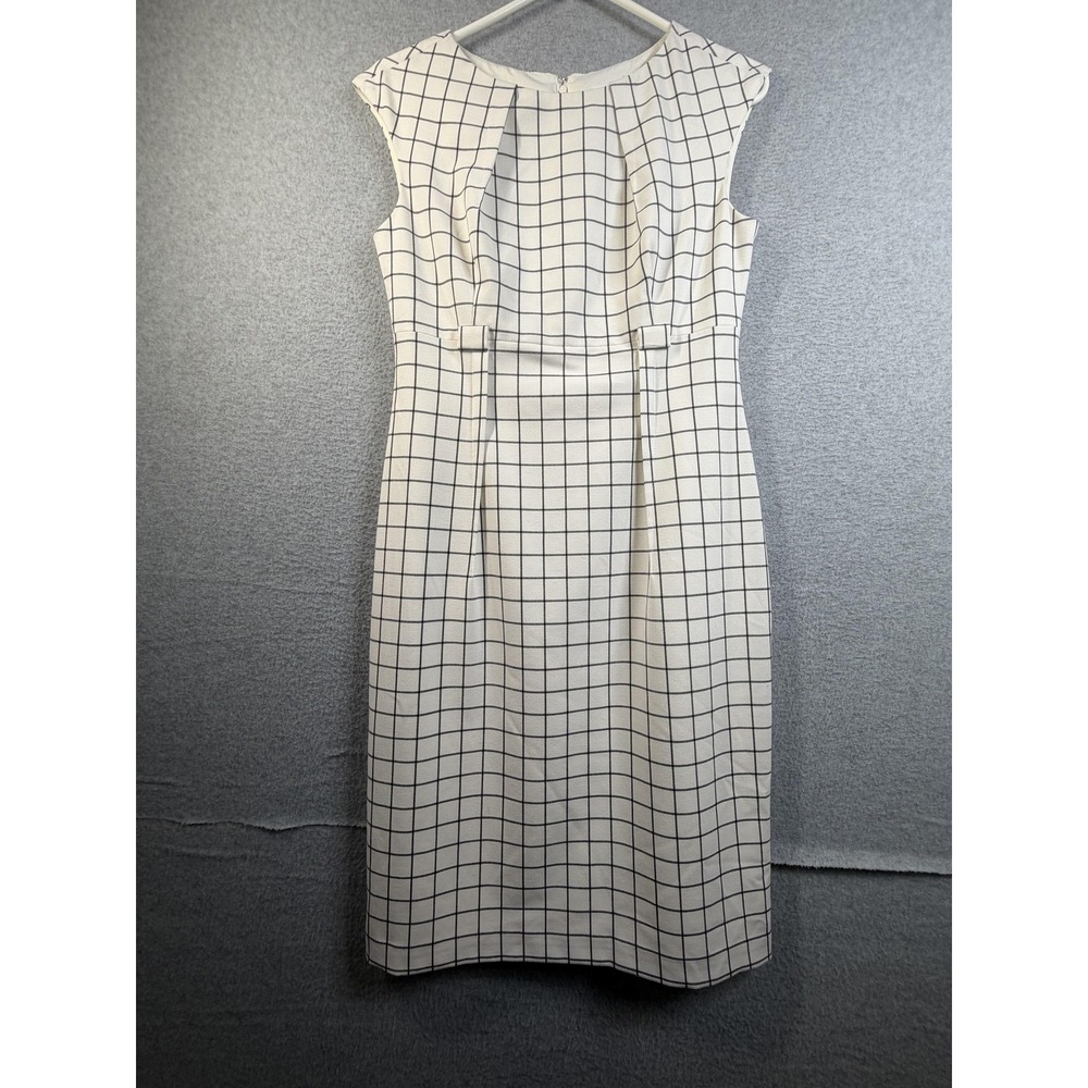 Calvin Klein Dress Womens 4 White Check Sheath Cap Sleeve Knee Length Career